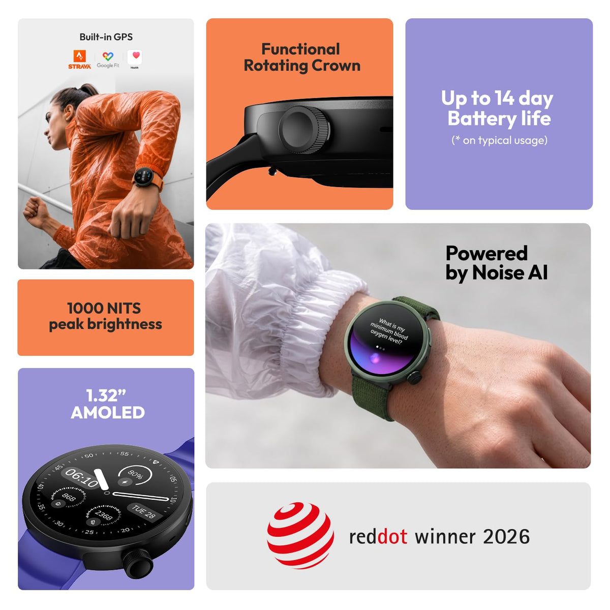 Noise Alt 1 Smart Watch, AI-powered, Chat-GPT With Free Black Earbuds Pure Pods Wireless Open Ear