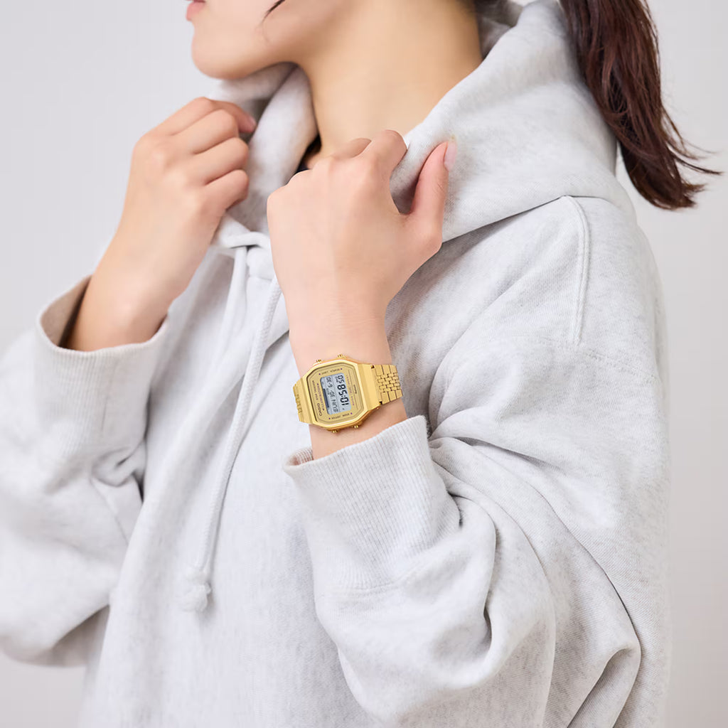 Vintage Unisex 41.6 mm Digital Watch Grey Dial with Gold Stainless Steel Strap (ABL-100WEG-9A)